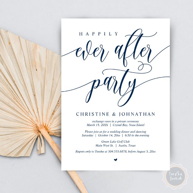 Lyckliga För Evigt Fest, Bröllopsflykt Middag Inbjudningar (Happily Ever After Party, Wedding Elopement Dinner Invitation Card, PDF, in Navy Blue)