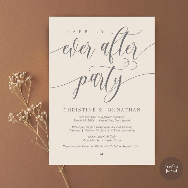 Lyckliga För Evigt Fest, Bröllopsflyktmiddag Inbjudningar (Happily Ever After Party, Wedding Elopement Dinner Invitation Card, PDF, in Dark Grey and Cream)