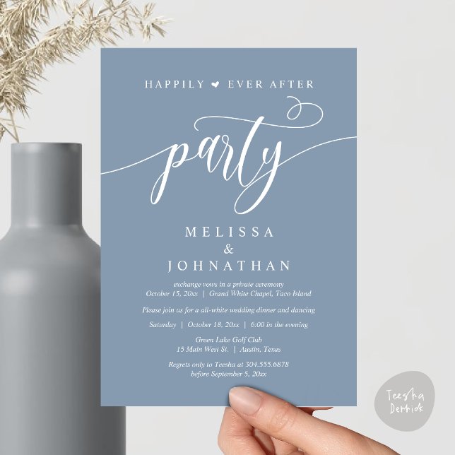 Lyckliga För Evigt Fest, Bröllopsmiddag Dansande Inbjudningar (Happily Ever After Dinner, Wedding Party Dancing Invitation Card PDF Modern Rustic Dusty Blue)