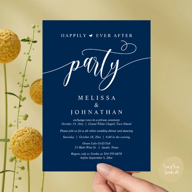 Lyckliga För Evigt Fest, Bröllopsmiddag Dansande Inbjudningar (Happily Ever After Dinner, Wedding Party Dancing Invitation Card PDF Modern Romantic Navy Blue)