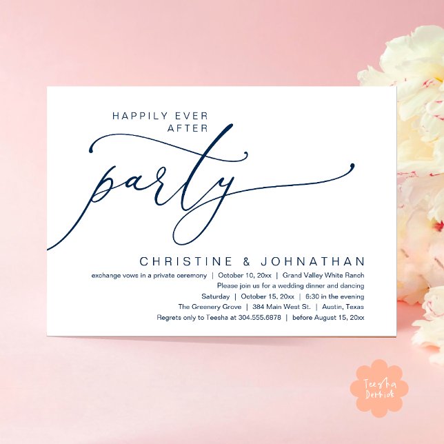 Lyckliga För Evigt Fest, Bröllopsmiddag Dansande Inbjudningar (Happily Ever After Party, Romantic Modern Elopement Dinner Dancing Invites Card PDF Navy Blue)