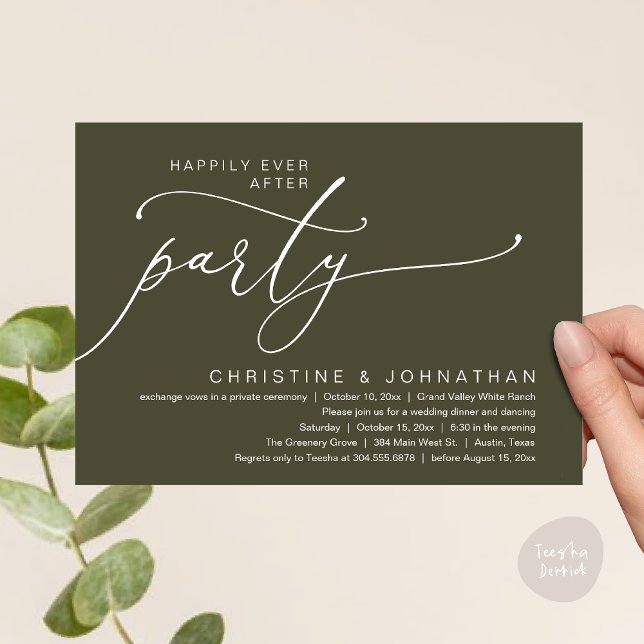 Lyckliga För Evigt Fest, Bröllopsmiddag Dansande Inbjudningar (Happily Ever After Party, Romantic Modern Elopement Dinner Dancing Invites Card PDF Olive Green)
