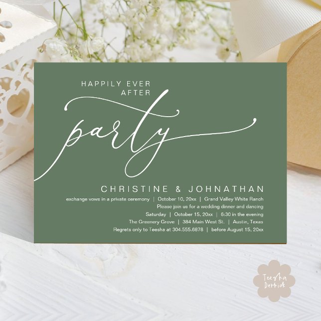 Lyckliga För Evigt Fest, Bröllopsmiddag Dansande Inbjudningar (Happily Ever After Party, Romantic Modern Elopement Dinner Dancing Invites Card PDF Sage Green)