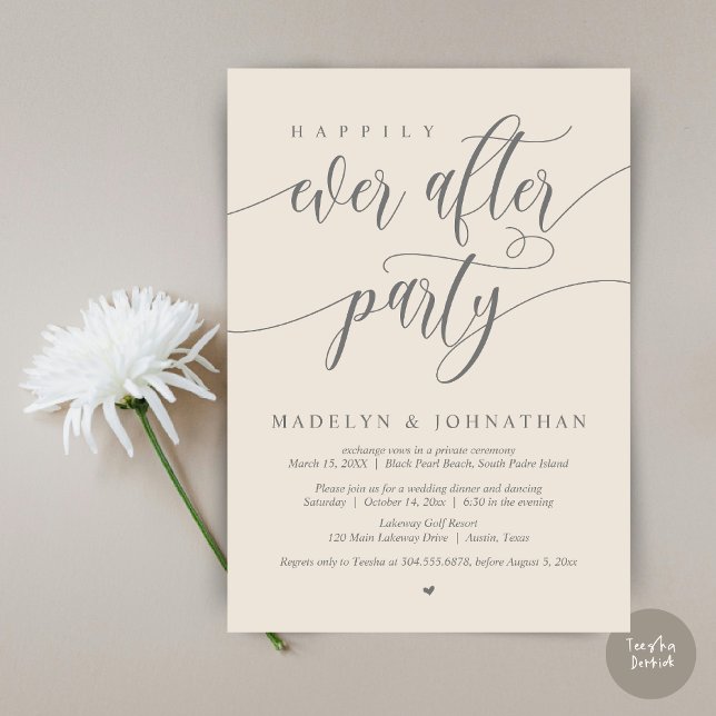 Lyckliga För Evigt Fest Bröllopsmiddag, Krämfärg Inbjudningar (Happily Ever After Party, Modern Calligraphy Wedding Dinner Invitation Card, PDF, in Cream Grey)