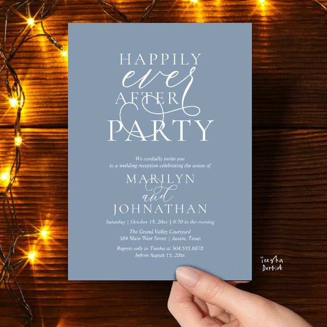 Lyckliga För Evigt-fest, Elegant Bröllopsmiddag Inbjudningar (Happily Ever After Party, Classy Wedding Dinner Party Invitation Card in Dusty Blue)