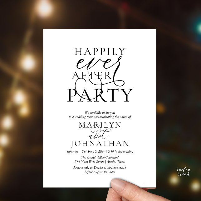 Lyckliga För Evigt Fest, Elegant Bröllopsmiddag Inbjudningar (Happily Ever After Party, Classy Wedding Dinner Party Invitation Card in Black and White)
