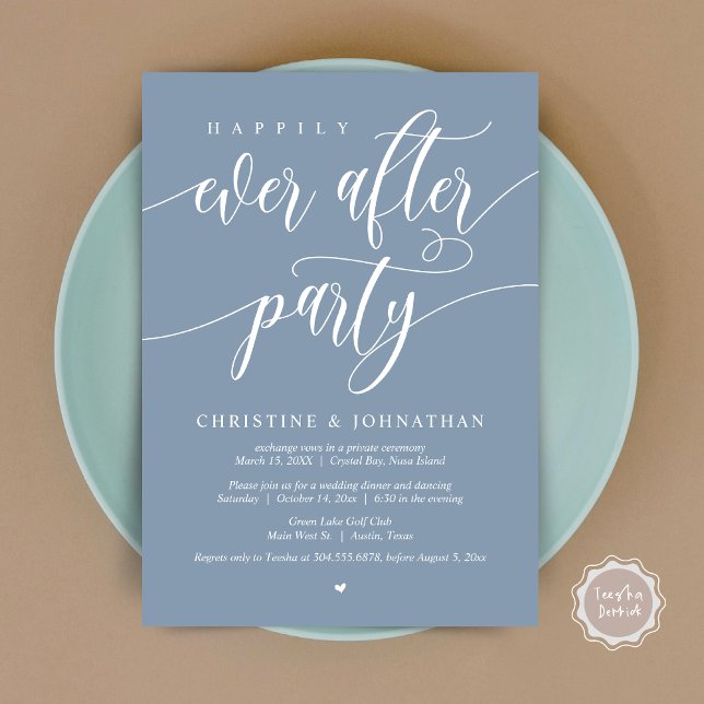 Lyckliga För Evigt-fest, Elopementsmiddag Inbjudningar (Happily Ever After Party, Wedding Elopement Dinner Invitation Card, PDF, in Dusty Blue)