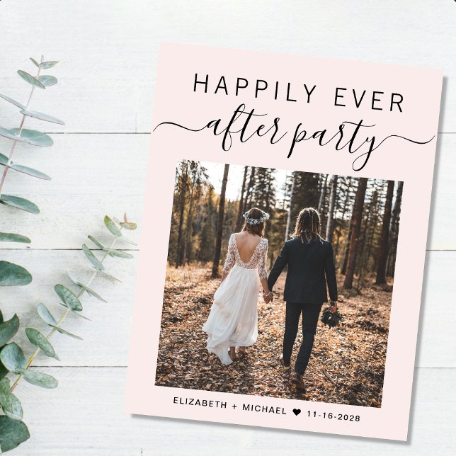 Lyckliga För Evigt Fest Foto Rosa Bröllop Meddelande Vykort (An chic Happily Ever After Party postcard invitation for your wedding celebration)
