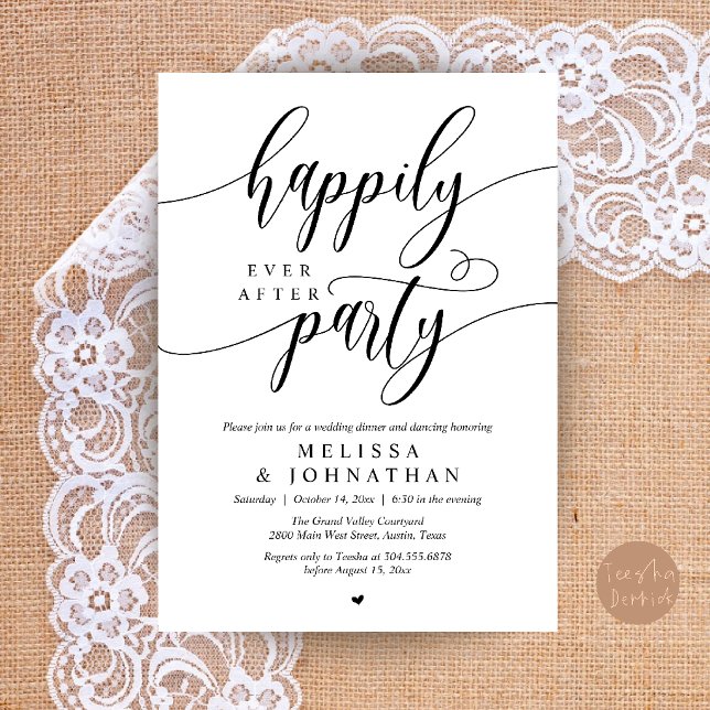 Lyckliga För Evigt-fest, Modern Bröllopsmottagning Inbjudningar (Happily Ever After Party, Modern Wedding Reception Dinner Invitation Card in Black and White)