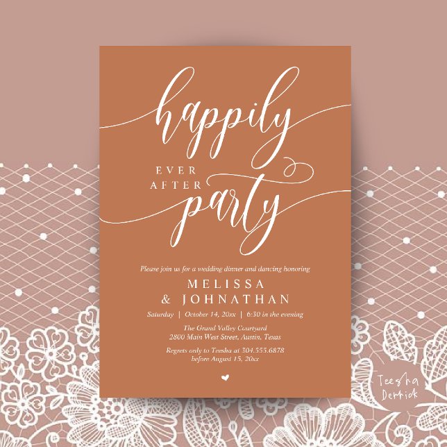 Lyckliga För Evigt Fest, Modern Bröllopsmottagning Inbjudningar (Happily Ever After Party, Modern Wedding Reception Dinner Invitation Card in Copper Brown)