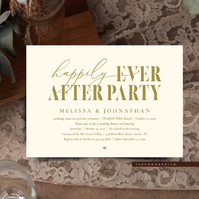 Lyckliga För Evigt Fest, Modern Bröllopsmottagning Inbjudningar (Happily Ever After Party, Modern Wedding Reception Dinner Dancing Invitation Card in Yellow Gold)