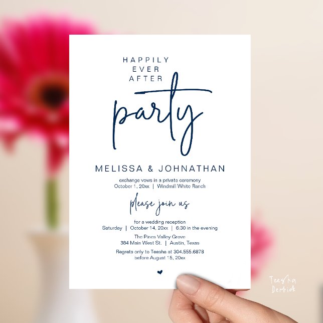 Lyckliga För Evigt-fest, Modern Bröllopsmottagning Inbjudningar (Happily Ever After Party, Modern Wedding Reception Dinner Invitation Card in Navy Blue)