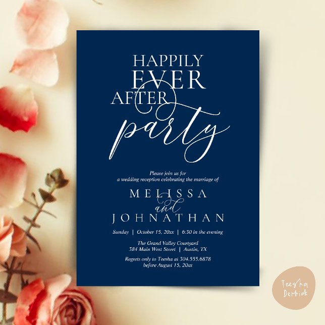 Lyckliga För Evigt Fest, Modern Klassisk Bröllop Inbjudningar (Happily Ever After Party, Modern Classy Wedding Invitation Card PDF Navy Blue)
