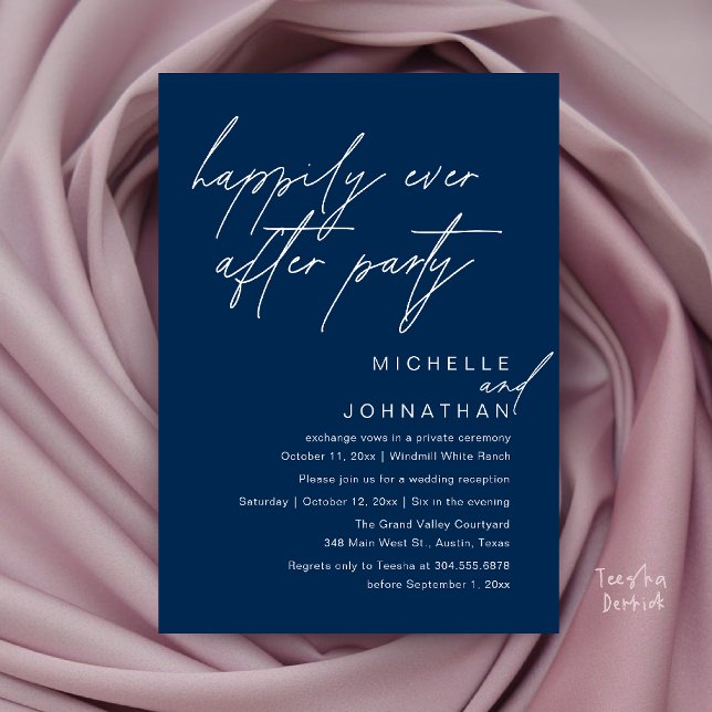 Lyckliga För Evigt Fest, Modern Minimal Bröllop Inbjudningar (Happily Ever After Party, Modern Minimal Wedding Invitation Card in Navy Blue)