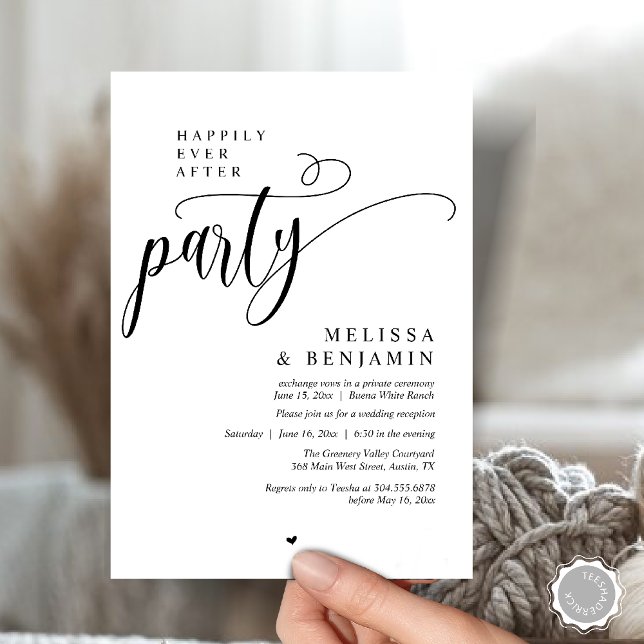 Lyckliga För Evigt Fest, Modern Minimalistisk Mott Inbjudningar (Happily Ever After Party, Reception Modern Minimal Invitation Card in Black and White)