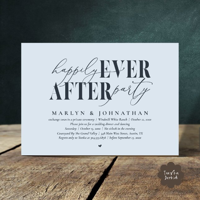 Lyckliga För Evigt Fest Romantik Bröllopsfirande Inbjudningar (Happily Ever After Party Romance Wedding Reception Dinner Invitation Card in Misty Blue)