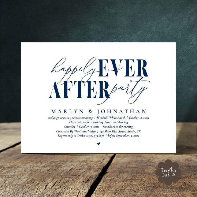 Lyckliga För Evigt Fest Romantik Bröllopsfirande Inbjudningar (Happily Ever After Party Romance Wedding Reception Dinner Invitation Card in Navy Blue)