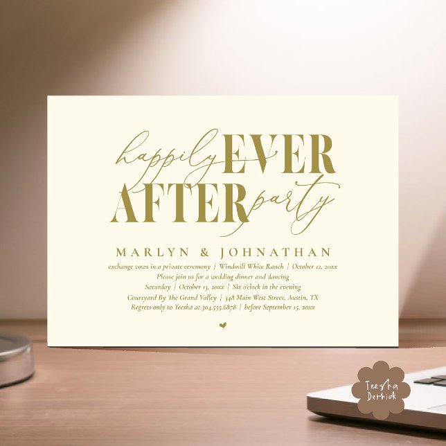 Lyckliga För Evigt Fest Romantik Bröllopsfirande Inbjudningar (Happily Ever After Party Romance Wedding Reception Dinner Invitation Card in Yellow Cream Gold)