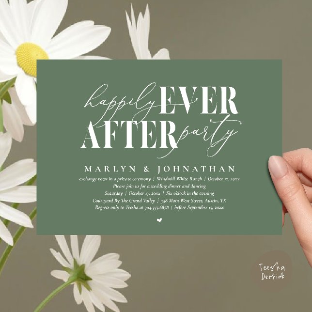 Lyckliga För Evigt Fest Romantik Bröllopsfirande Inbjudningar (Happily Ever After Party Romance Wedding Reception Dinner Invitation Card in Sage Green)