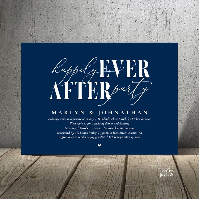Lyckliga För Evigt Fest Romantik Bröllopsfirande Inbjudningar (Happily Ever After Party Romance Wedding Reception Dinner Invitation Card in Navy Blue)
