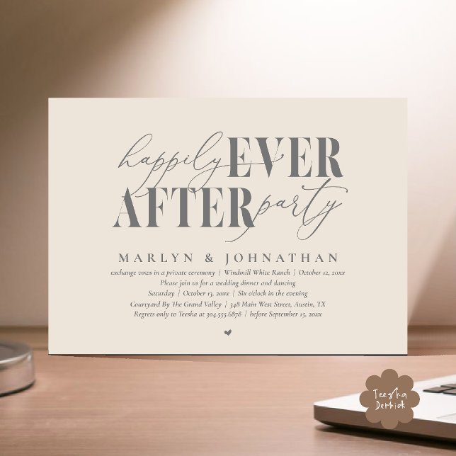 Lyckliga För Evigt Fest Romantik Bröllopsmottagnin Inbjudningar (Happily Ever After Party Romance Wedding Reception Dinner Invitation Card in Cream Grey)