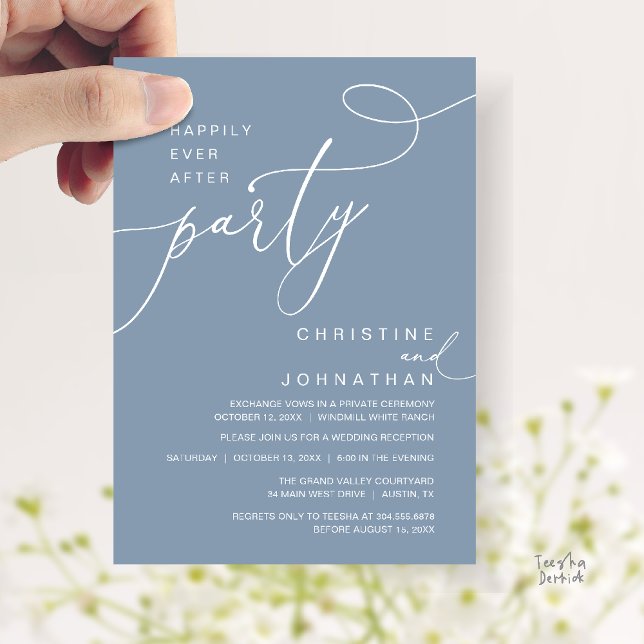 Lyckliga För Evigt Fest Romantisk Bröllopsfest Inbjudningar (Happily Ever After Party Romantic Weds Reception Invitation Card in Dusty Blue)