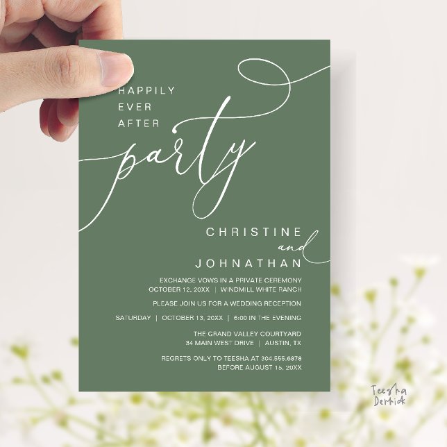 Lyckliga För Evigt Fest Romantisk Bröllopsfest Inbjudningar (Happily Ever After Party Romantic Weds Reception Invitation Card in Sage Green)