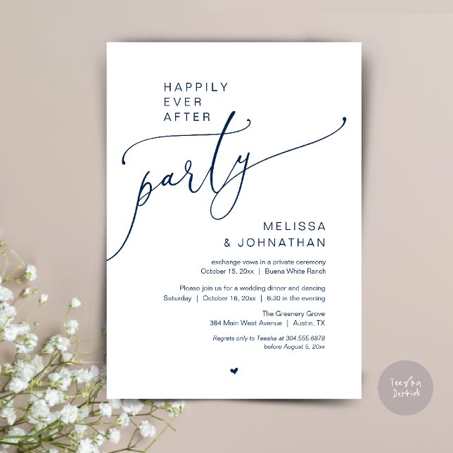 Lyckliga För Evigt Fest Romantisk Bröllopsmiddag Inbjudningar (Happily Ever After Party Romantic Wedding Dinner Invitation Card in Navy Blue )