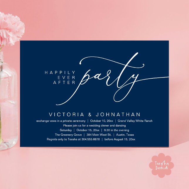 Lyckliga För Evigt Fest, Romantisk Bröllopsmiddag Inbjudningar (Happily Ever After Party, Romantic Wedding Dinner Invitation Card PDF aesthetic Classy Navy Blue)