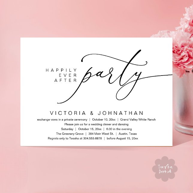 Lyckliga För Evigt Fest, Romantisk Bröllopsmiddag Inbjudningar (Happily Ever After Party, Romantic Wedding Dinner Invitation Card PDF aesthetic Classy White Black)