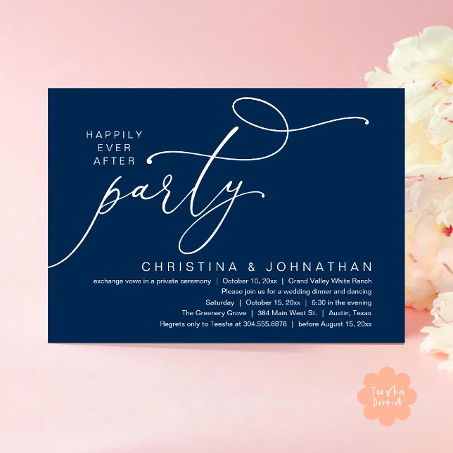 Lyckliga För Evigt Fest, Romantisk Bröllopsmiddag Inbjudningar (Happily Ever After Party, Romantic Modern Elopement Dinner Dancing Invites Card PDF Navy Blue)
