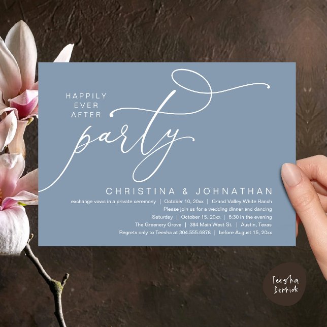 Lyckliga För Evigt Fest, Romantisk Bröllopsmiddag Inbjudningar (Happily Ever After Party, Romantic Modern Elopement Dinner Dancing Invites Card PDF Dusty Blue)