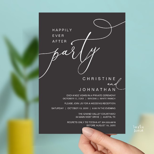 Lyckliga För Evigt Fest Romantisk Bröllopsmottagni Inbjudningar (Happily Ever After Party Romantic Weds Reception Invitation Card in Charcoal Grey)