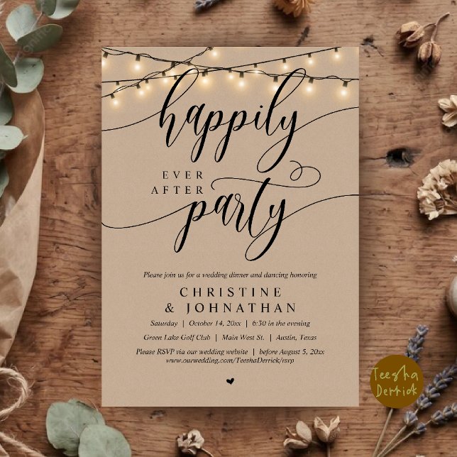 Lyckliga För Evigt Fest, Rustik Bröllops Elopement Inbjudningar (Happily Ever After Party, Rustic Wedding Elopement Invitation Card in Brown Kraft Farmhouse)