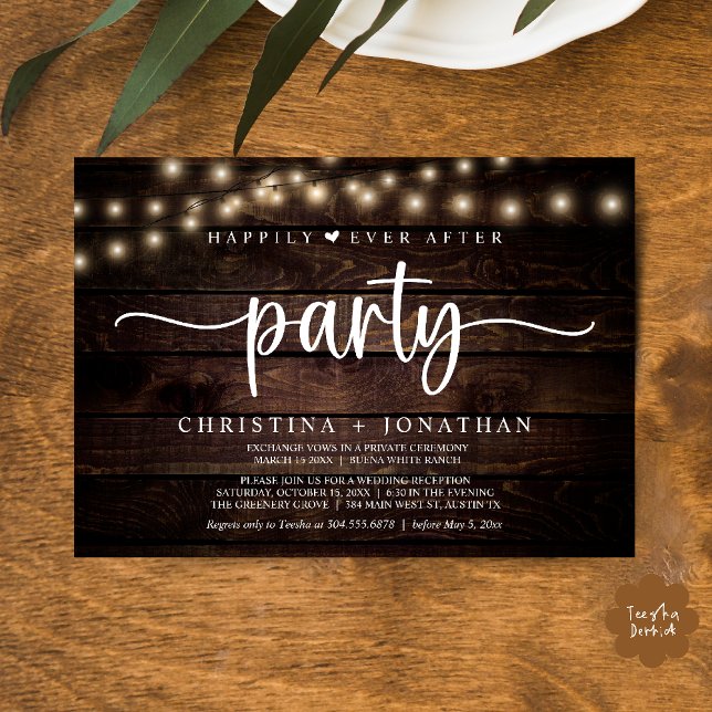 Lyckliga för evigt-fest,  Strängljus-bröllop Inbjudningar (Happily Ever After party, String Lights Wedding Invitation Card PDF Cottage Dark Wood)