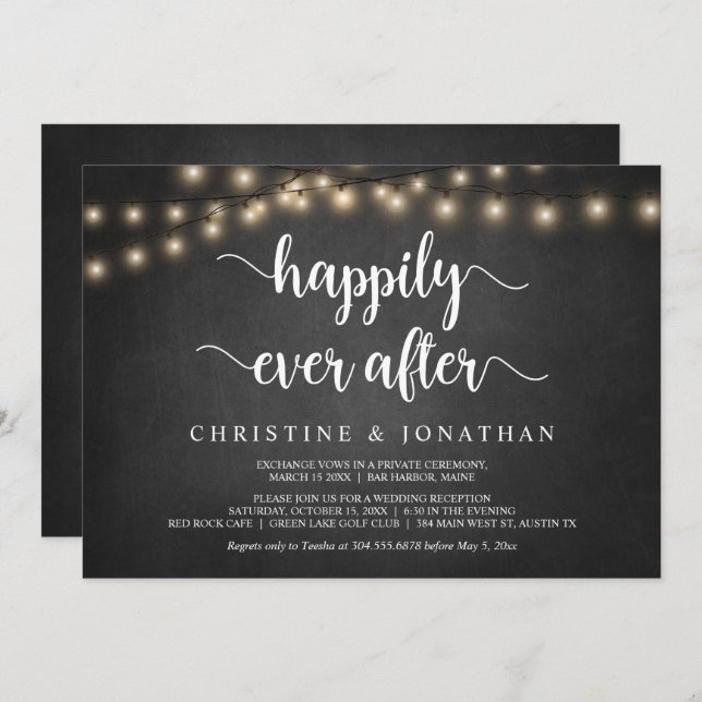 Lyckliga För Evigt-fest, Strängljus, Bröllop på Rå Inbjudningar (Fram/baksida)