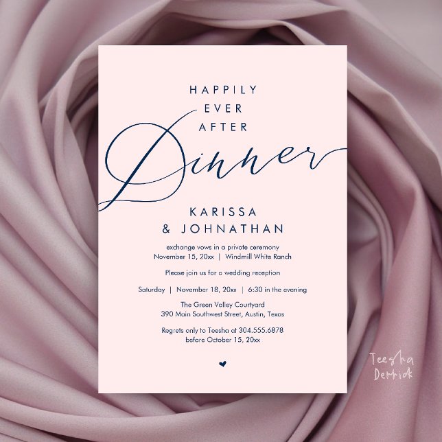 Lyckliga För Evigt Middag Bröllopsflykt Fest Inbjudningar (Happily Ever After Dinner Wedding Elopement Party Invitation Card in Navy Blue and blush)