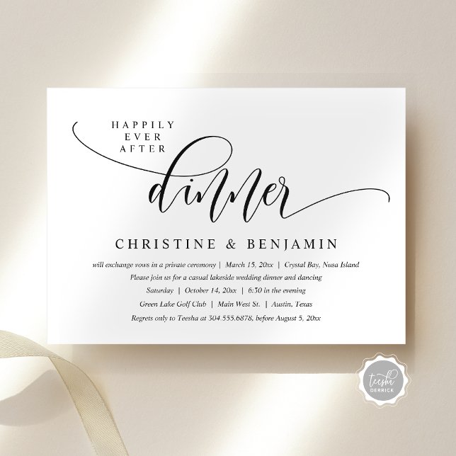 Lyckliga För Evigt Middag, Hemligt Bröllop, Modern Inbjudningar (Happily Ever After Dinner, Elopement, Modern Script Invitation Card, Digital Download, Email)
