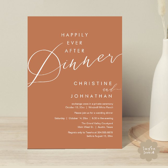 Lyckliga För Evigt Middag Romantisk Elegant Bröllo Inbjudningar (Happily Ever After Dinner Romantic Elegant Wedding Invitation Card in Terracotta Brown Copper)
