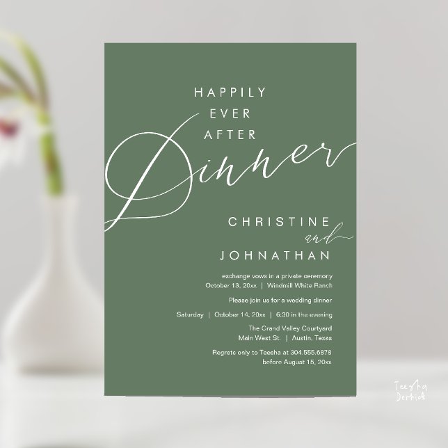 Lyckliga För Evigt Middag Romantisk Elegant Bröllo Inbjudningar (Happily Ever After Dinner Romantic Elegant Wedding Invitation Card in Sage Green)