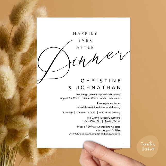 Lyckliga För Evigt Middag Romantiskt Bröllop Inbjudningar (Happily Ever After Dinner, Modern Romantic Wedding Invites Card, PDF, Minimalist Clean, White Black)