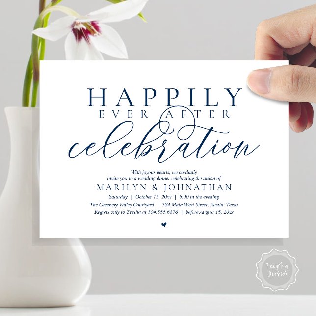 Lyckliga För Evigt Modern Bröllopsfirande Inbjudningar (Happily Ever After Modern Wedding Celebration Dinner Brunch, Lunch, Invites Card in Navy Blue)