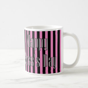 Lyckliga framstickandes dag med rosa och svart kaffemugg