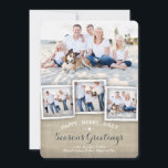 Lyckliga glada lantliga Burlapfotosäsong hälsning Julkort<br><div class="desc">En collage av fyra foto av din familj presenteras i denna älskvärda lantliga design som inkorporerar en burlapstruktur verkställer och festliga säsong hälsningar av lyckligt, glatt, Jolly. Nyckfull typografi i vit och djup denim slösar på bekläda och att koordinera lite snöflingor på baksidaen all sammanslutning att göra en varm och...</div>