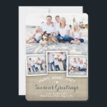 Lyckliga glada lantliga Burlapfotosäsong hälsning Julkort<br><div class="desc">En collage av fyra foto av din familj presenteras i denna älskvärda lantliga design som inkorporerar en burlapstruktur verkställer och festliga säsong hälsningar av lyckligt, glatt, Jolly. Nyckfull typografi i vit och djup denim slösar på bekläda och att koordinera lite snöflingor på baksidaen all sammanslutning att göra en varm och...</div>