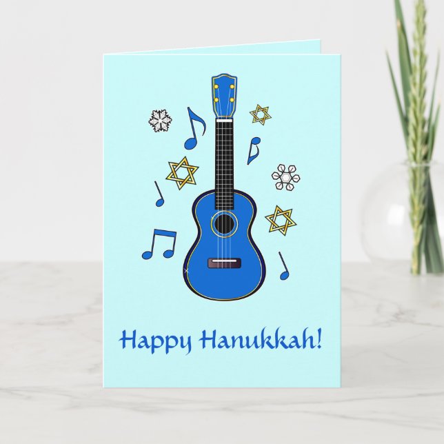 Lyckliga Hanukkah med ukulelen och stjärnor Helgkort (Framsida)