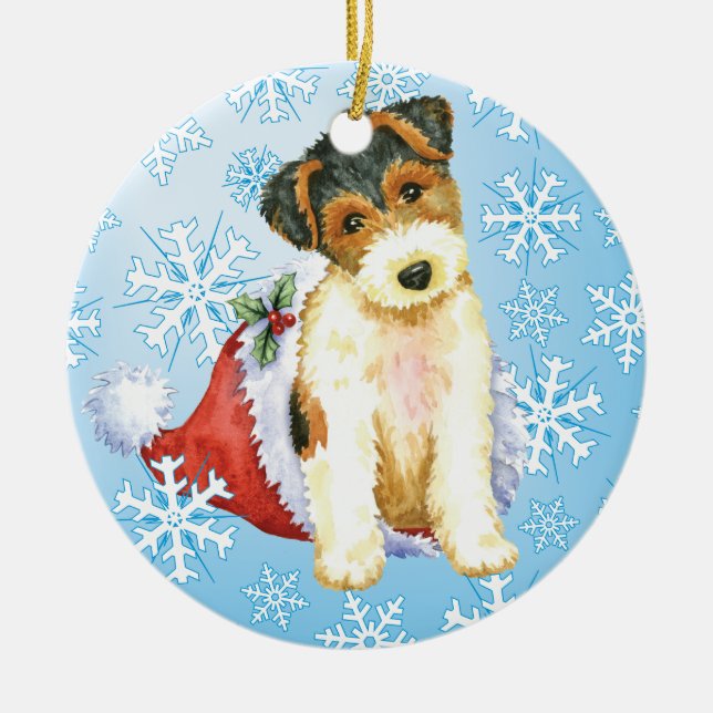 Lyckliga Howliday binder foxterrier Julgransprydnad Keramik (Framsidan)