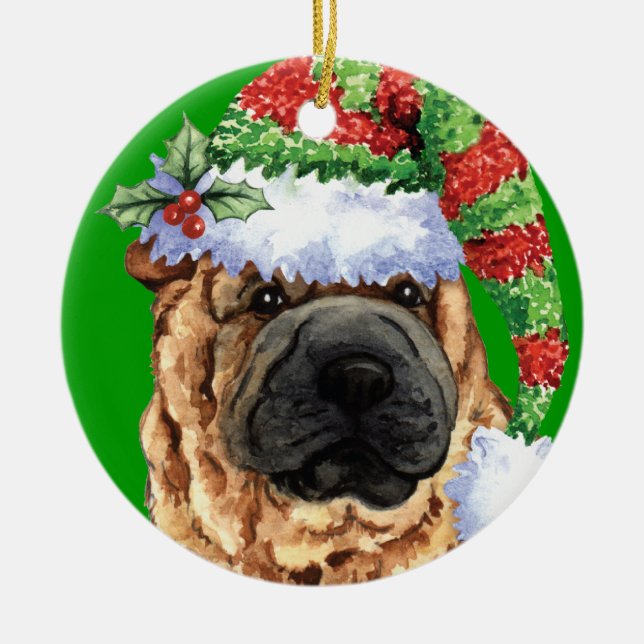 Lyckliga Howliday Shar-Pei Julgransprydnad Keramik (Framsidan)