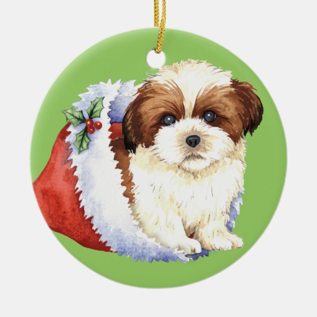 Lyckliga Howlidays Shih Tzu Julgransprydnad Keramik (Framsidan)
