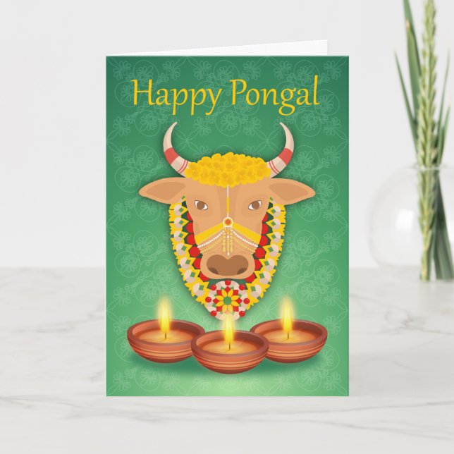 Lyckliga Pongal, med kon och stearinljus Kort (Framsida)